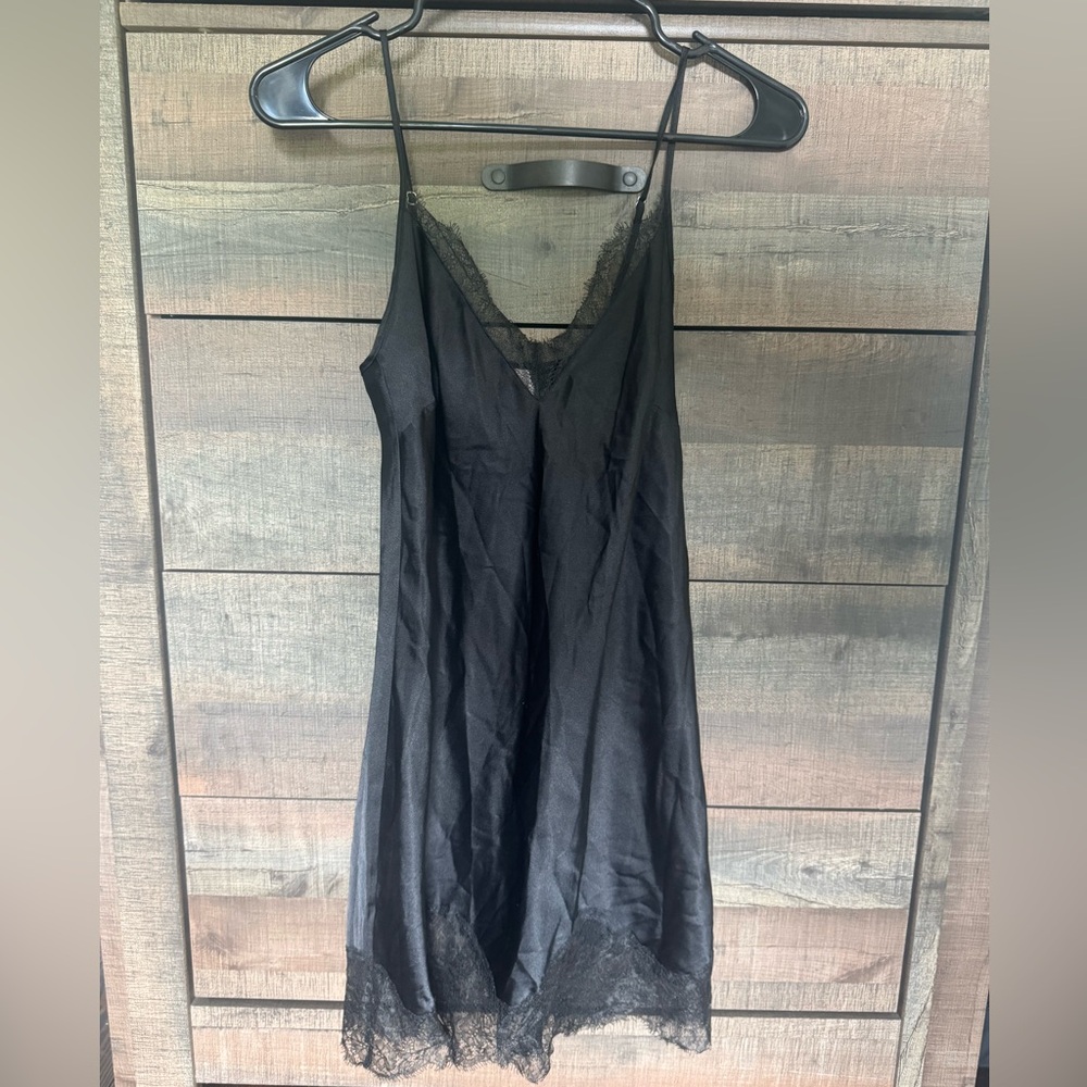 Victoria's Secret Black Satin Chemise with Spaghetti Straps